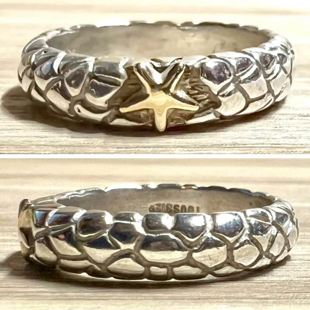 Alejandro Toussier Sterling Silver & 14K Gold Pebbled Star Band Ring, Size 7.5
